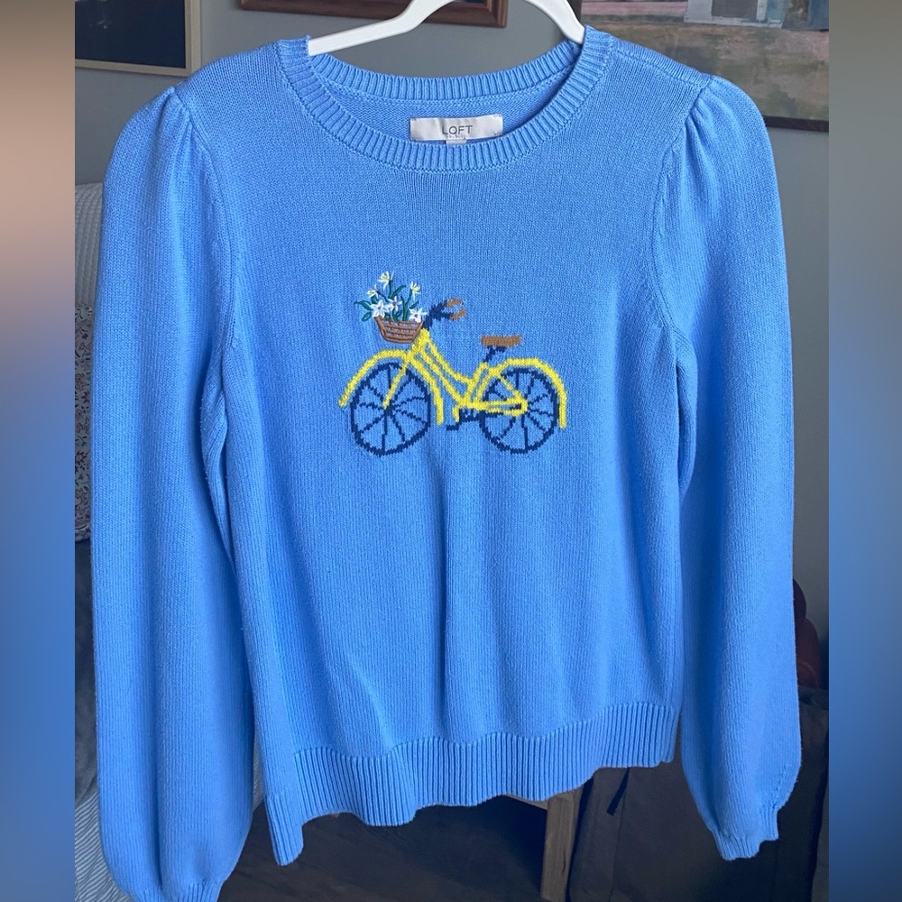 LOFT Blue Crewneck Sweater with Yellow Bicycle Motif